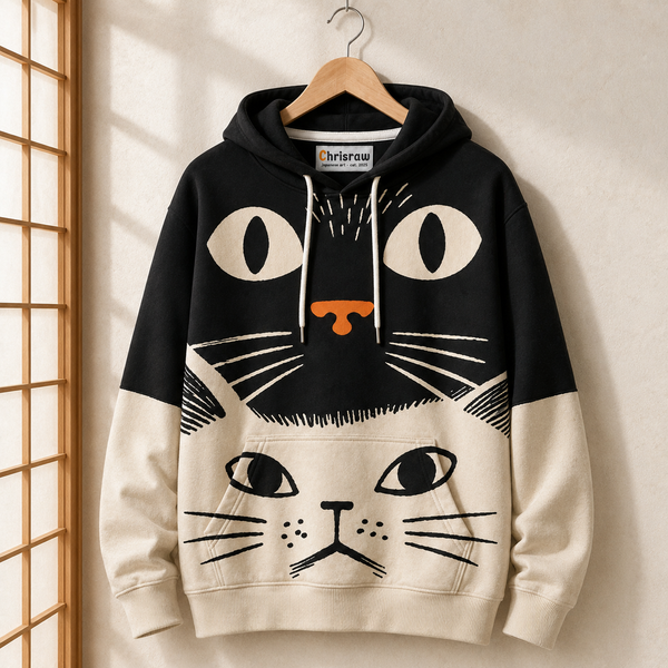 Chrisraw Kuroshiro Hoodie — Black and Cream Cat Face Print