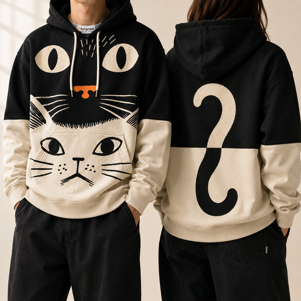 Chrisraw Kuroshiro Hoodie — Black and Cream Cat Face Print