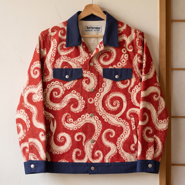 Chrisraw Kyuban Canvas Jacket — Japanese Octopus Tentacle Woodblock Print