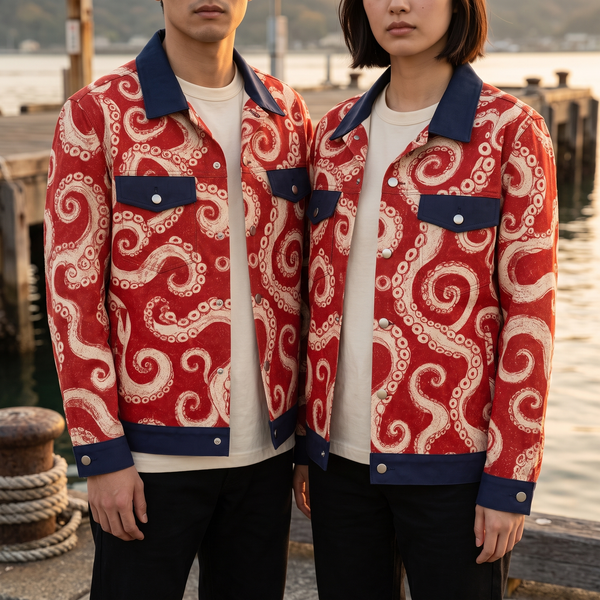 Chrisraw Kyuban Canvas Jacket — Japanese Octopus Tentacle Woodblock Print