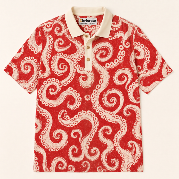 Chrisraw Kyuban Polo Shirt — Japanese Octopus Tentacle Woodblock Print