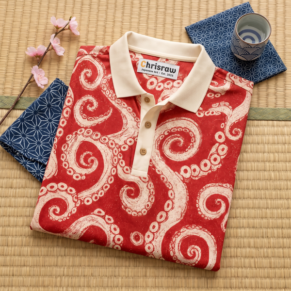 Chrisraw Kyuban Polo Shirt — Japanese Octopus Tentacle Woodblock Print