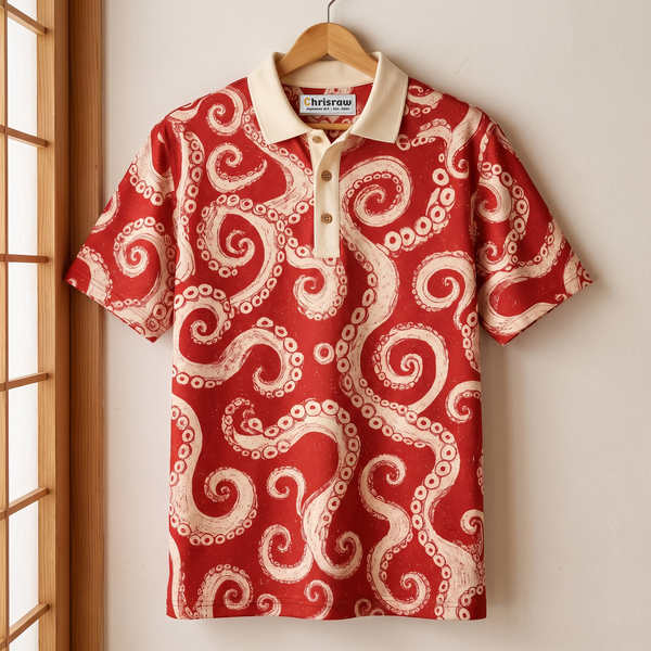 Chrisraw Kyuban Polo Shirt — Japanese Octopus Tentacle Woodblock Print