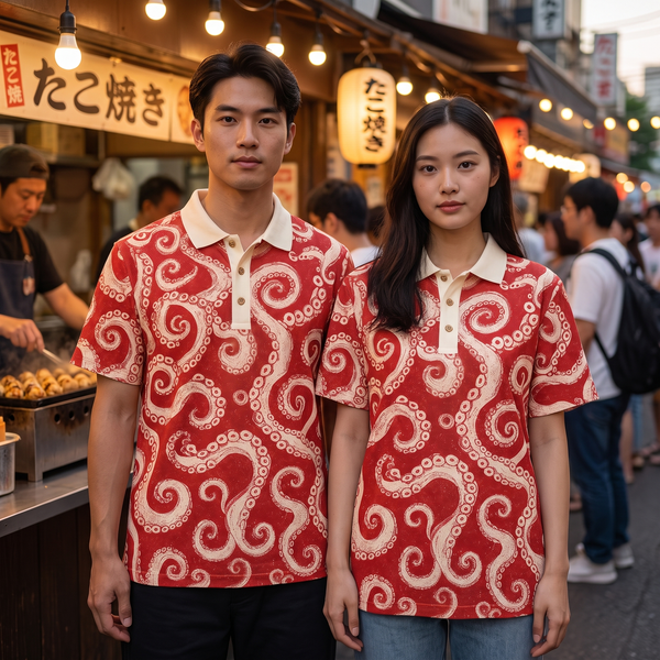 Chrisraw Kyuban Polo Shirt — Japanese Octopus Tentacle Woodblock Print