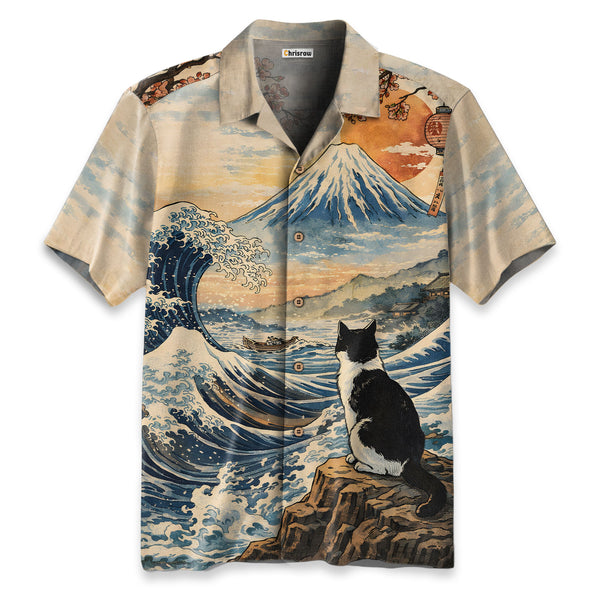 Chrisraw Cat Looking At The Great Wave Hawaiian Shirt