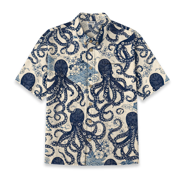 Chrisraw Kid's Japanese Blue Ocean Octopus Ukiyo-e Short Sleeves Shirt