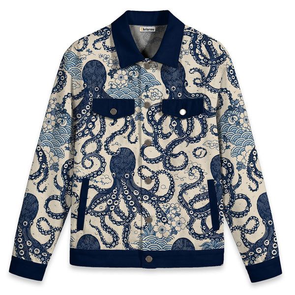 Chrisraw Japanese Blue Ocean Octopus Ukiyo-e Canvas Jacket  | All-Over Print Cotton Jacket