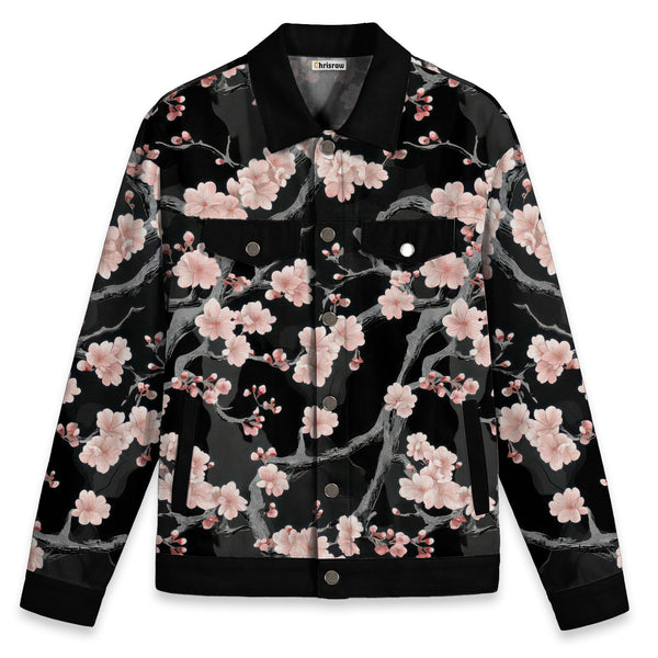 Chrisraw Cherry Blossom Branches On Black Canvas Jacket | All-Over Print Cotton Jacket