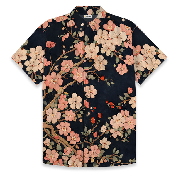 Chrisraw Men's Japanese Blooming Sakura Ukiyo-e Short Sleeves Shirt