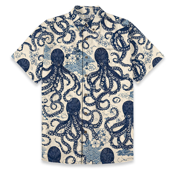 Chrisraw Men's Japanese Blue Ocean Octopus Ukiyo-e Short Sleeves Shirt