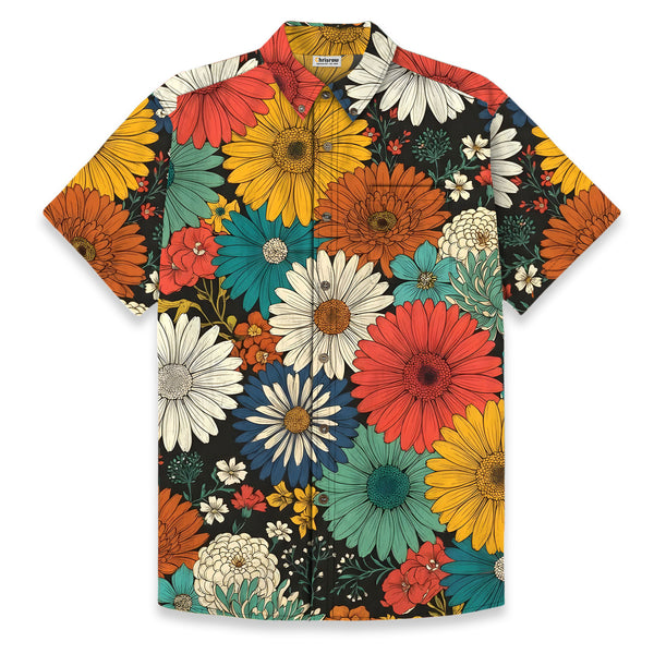 Chrisraw Men's Japanese Colorful Chrysanthemums Ukiyo-e Short Sleeves Shirt