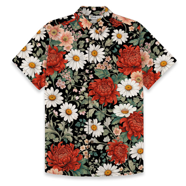 Chrisraw Men's Japanese Crimson Daisy Ukiyo-e Short Sleeves Shirt
