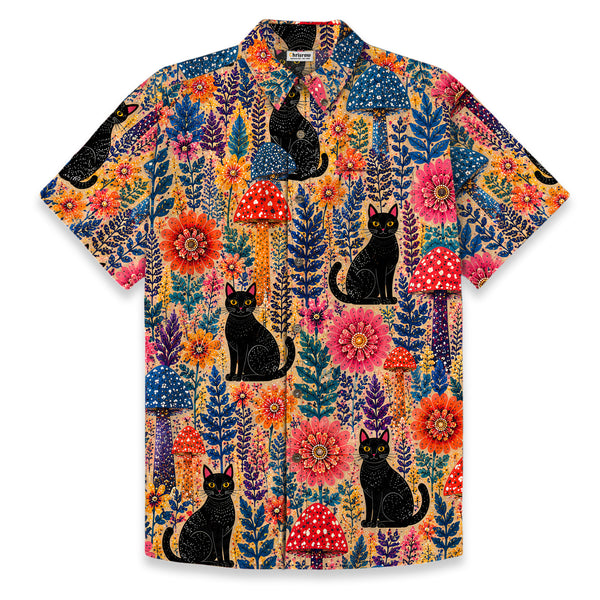 Chrisraw Men's Japanese Yayoi Kusama Forest Cat Ukiyo-e Short Sleeves Shirt