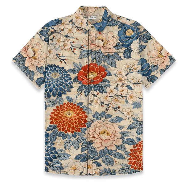 Chrisraw Men's Japanese Vibrant Floral Ukiyo-e Short Sleeves Shirt