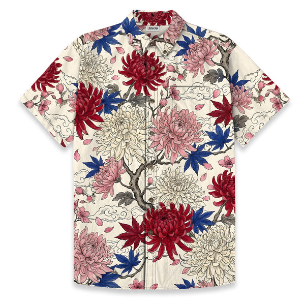 Chrisraw Men's Japanese Vibrant Floral Ukiyo-e Short Sleeves Shirt