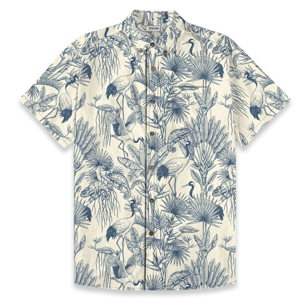 Chrisraw Men's Japanese Crane Garden Ukiyo-e Short Sleeves Shirt