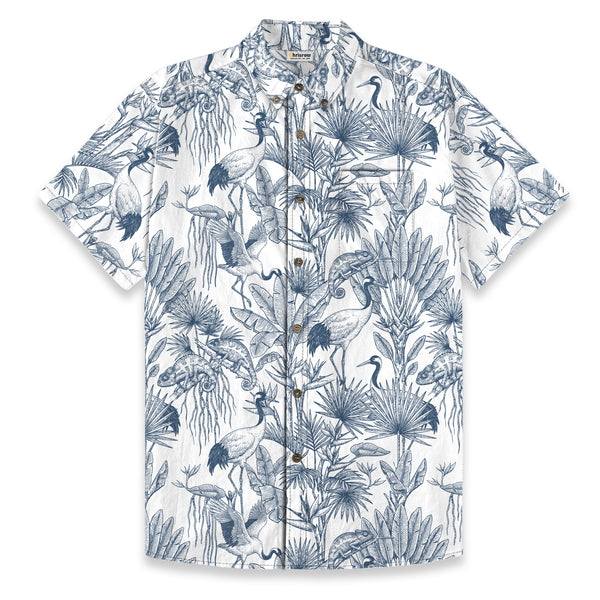 Chrisraw Men's Japanese Crane Garden Ukiyo-e Short Sleeves Shirt