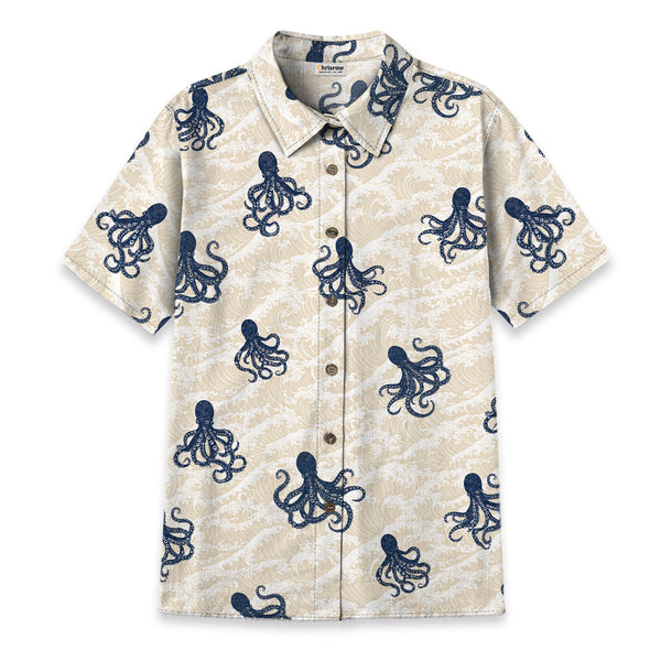 Chrisraw Women's Japanese Octopus Wave Ukiyo-e Short Sleeves Shirt