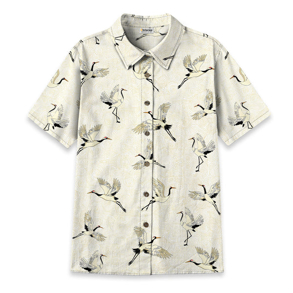 Chrisraw Women's Japanese Crane Dance Ukiyo-e Short Sleeves Shirt