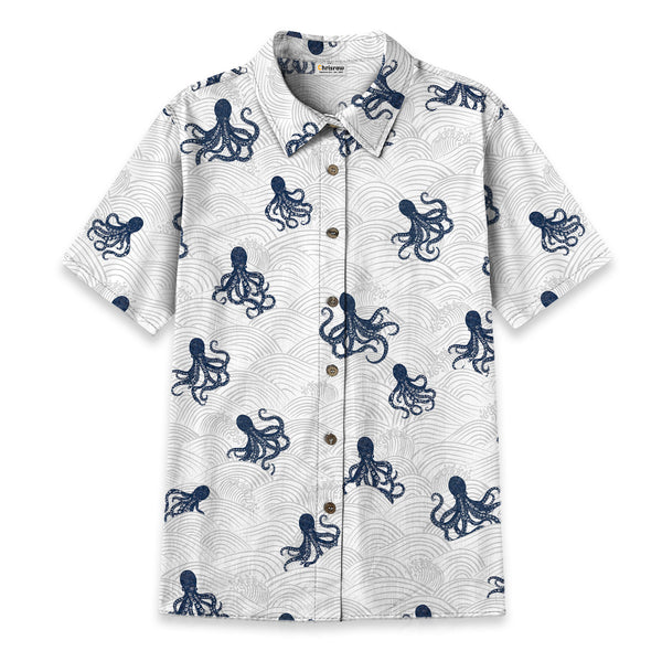 Chrisraw Women's Japanese Octopus Wave Ukiyo-e Short Sleeves Shirt