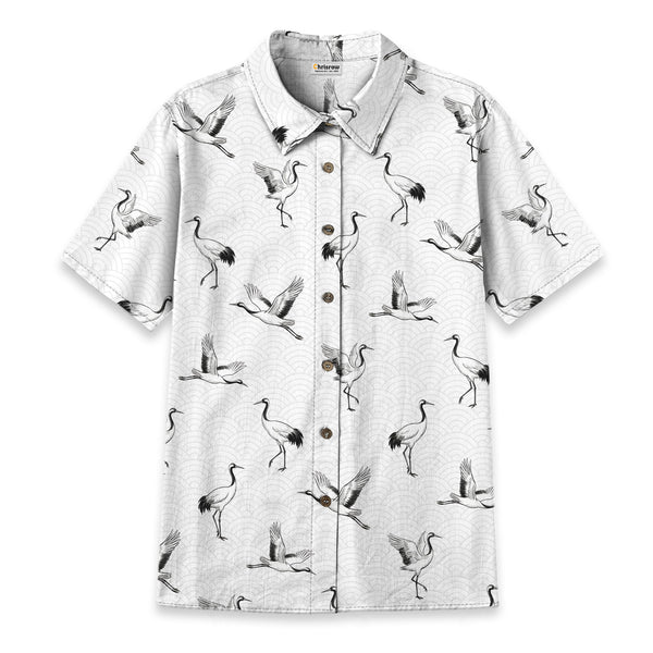 Chrisraw Women's Japanese Crane Dance Ukiyo-e Short Sleeves Shirt