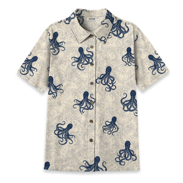 Chrisraw Women's Japanese Octopus Wave Ukiyo-e Short Sleeves Shirt