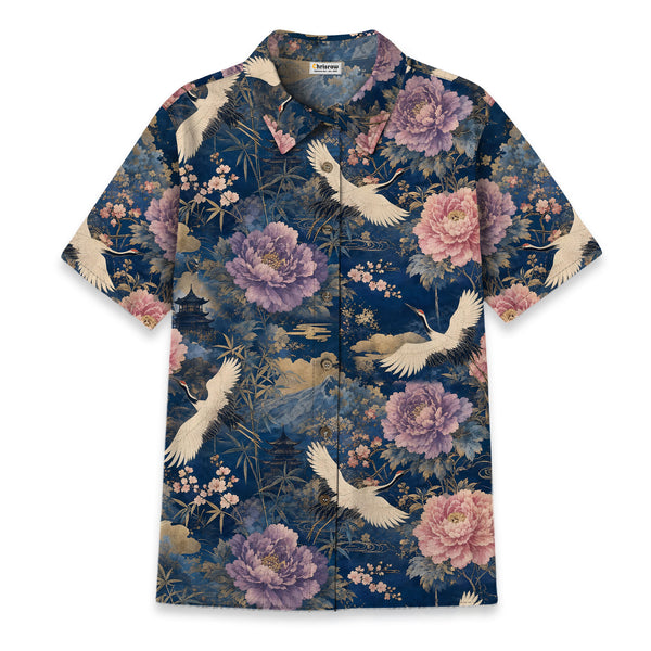 Chrisraw Women's Japanese Cranes of Edo Ukiyo-e Short Sleeves Shirt