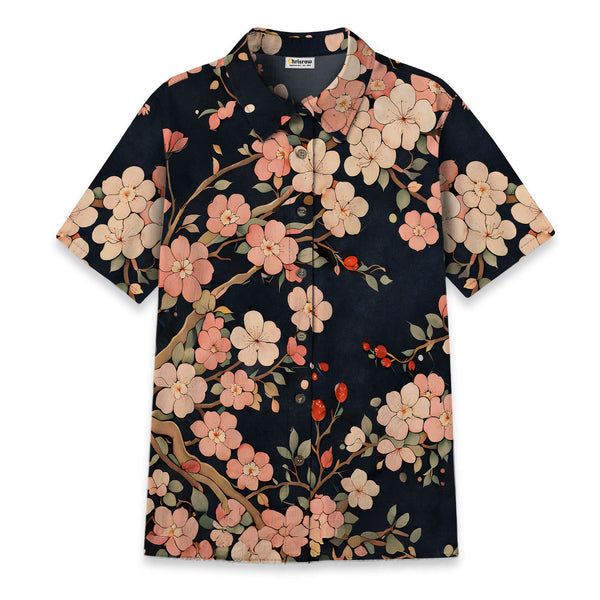Chrisraw Women's Japanese Blooming Sakura Ukiyo-e Short Sleeves Shirt