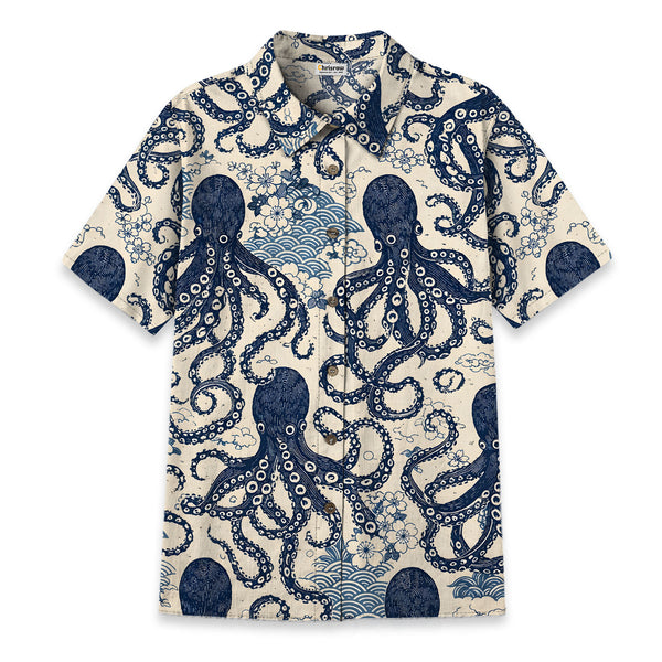 Chrisraw Women's Japanese Blue Ocean Octopus Ukiyo-e Short Sleeves Shirt