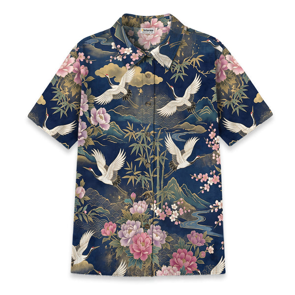 Chrisraw Women's Japanese Cranes of Edo Ukiyo-e Short Sleeves Shirt