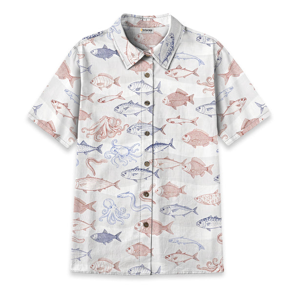 Chrisraw Women's Japanese Sea Fish Ukiyo-e Short Sleeves Shirt