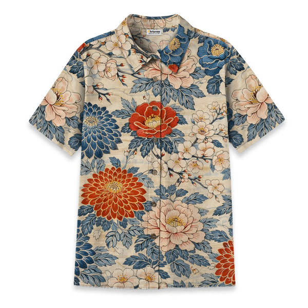 Chrisraw Women's Japanese Vibrant Floral Ukiyo-e Short Sleeves Shirt