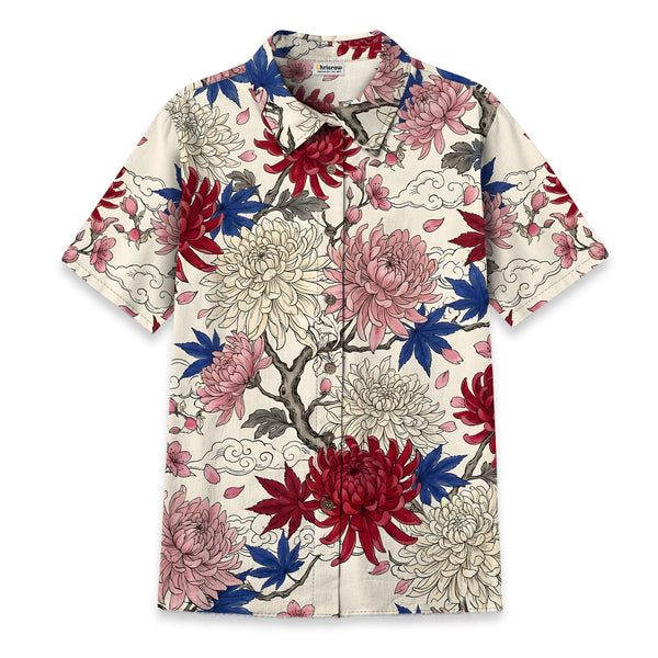 Chrisraw Women's Japanese Vibrant Floral Ukiyo-e Short Sleeves Shirt