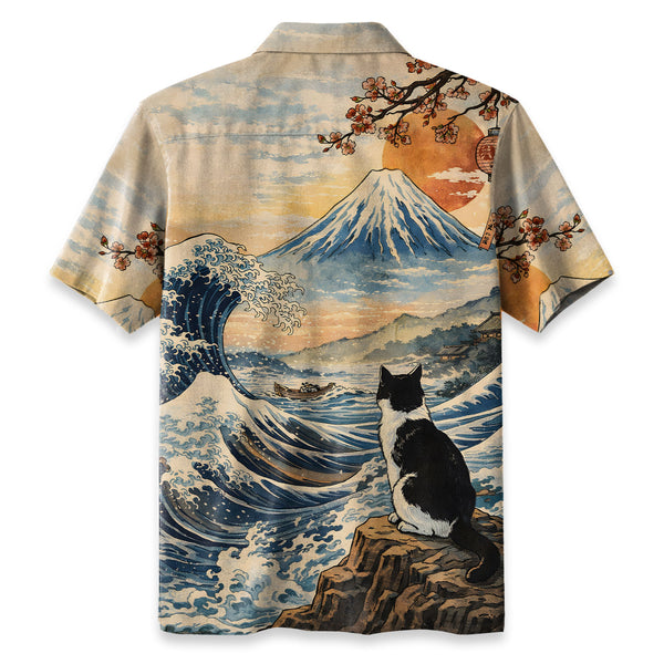Chrisraw Cat Looking At The Great Wave Hawaiian Shirt