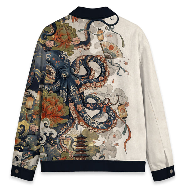 Chrisraw Octopus with Flowers and Clouds Canvas Jacket | All-Over Print Cotton Jacket
