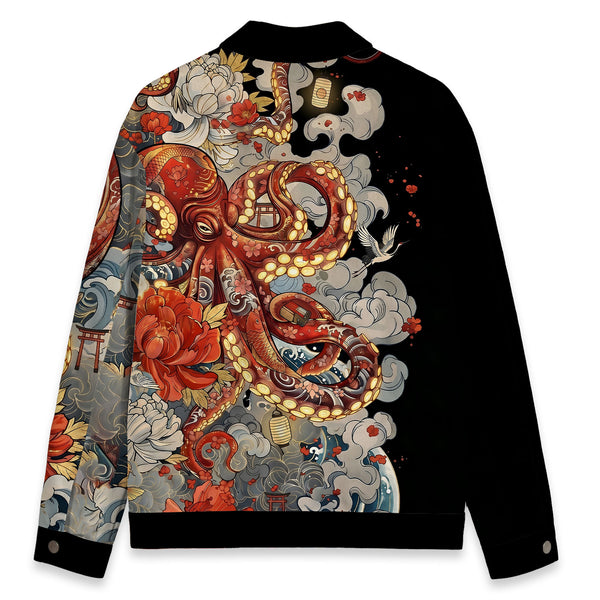 Chrisraw Octopus with Flowers and Clouds Canvas Jacket | All-Over Print Cotton Jacket