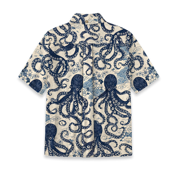 Chrisraw Kid's Japanese Blue Ocean Octopus Ukiyo-e Short Sleeves Shirt