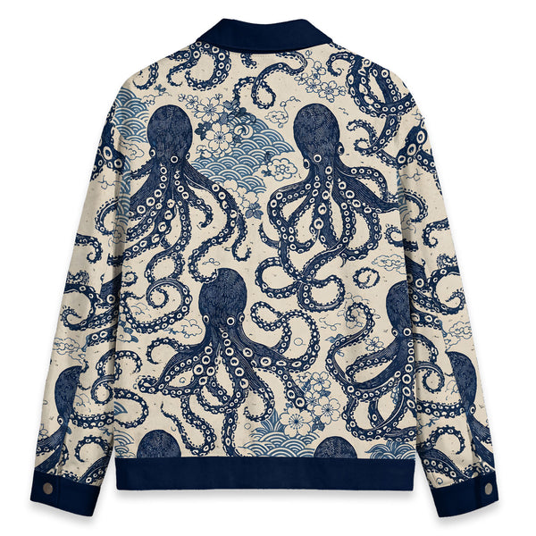 Chrisraw Japanese Blue Ocean Octopus Ukiyo-e Canvas Jacket  | All-Over Print Cotton Jacket