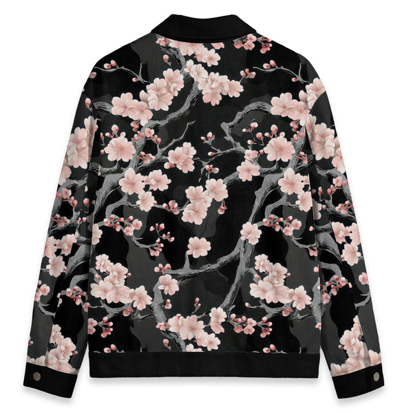 Chrisraw Cherry Blossom Branches On Black Canvas Jacket | All-Over Print Cotton Jacket