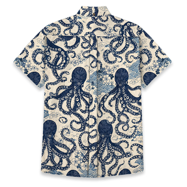 Chrisraw Men's Japanese Blue Ocean Octopus Ukiyo-e Short Sleeves Shirt
