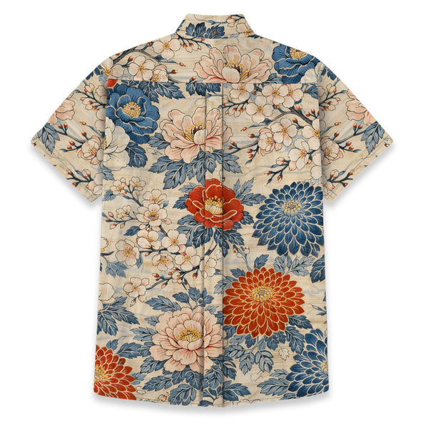 Chrisraw Men's Japanese Vibrant Floral Ukiyo-e Short Sleeves Shirt