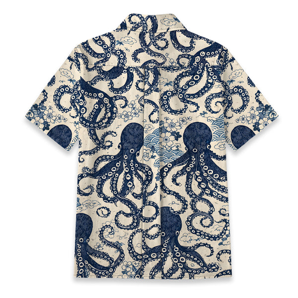 Chrisraw Women's Japanese Blue Ocean Octopus Ukiyo-e Short Sleeves Shirt