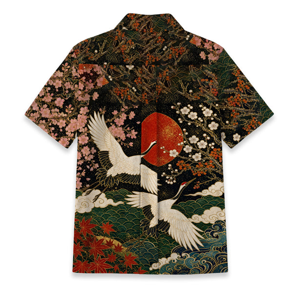 Chrisraw Women's Japanese Cranes of Edo Ukiyo-e Short Sleeves Shirt