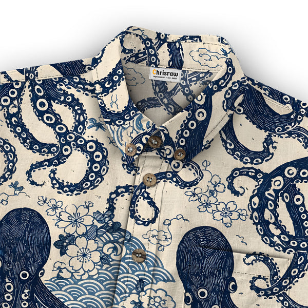 Chrisraw Kid's Japanese Blue Ocean Octopus Ukiyo-e Short Sleeves Shirt
