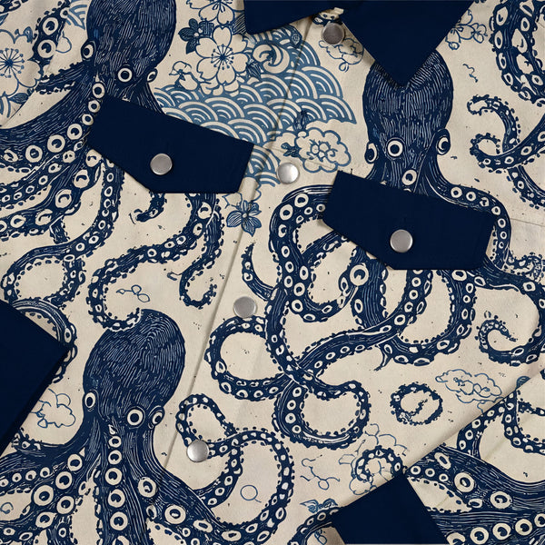 Chrisraw Japanese Blue Ocean Octopus Ukiyo-e Canvas Jacket  | All-Over Print Cotton Jacket