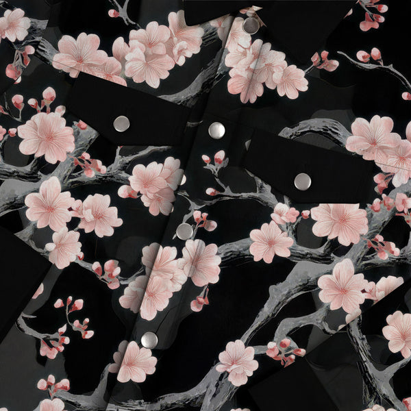 Chrisraw Cherry Blossom Branches On Black Canvas Jacket | All-Over Print Cotton Jacket