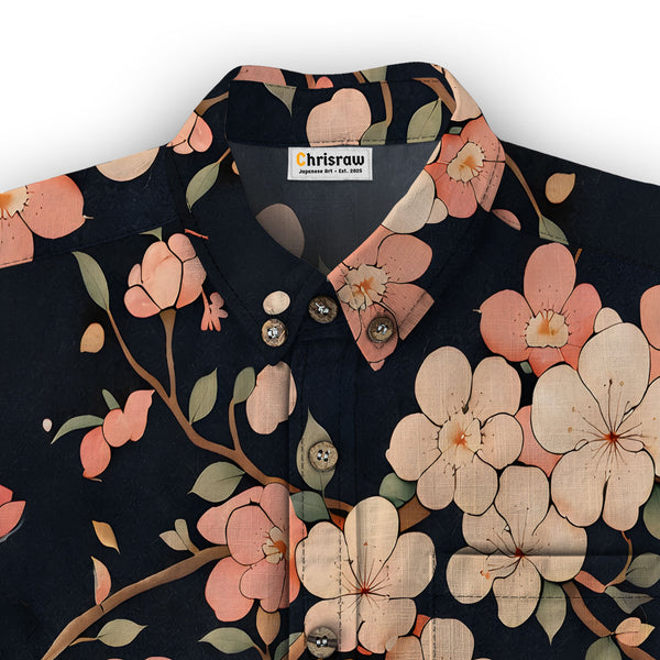 Chrisraw Men's Japanese Blooming Sakura Ukiyo-e Short Sleeves Shirt
