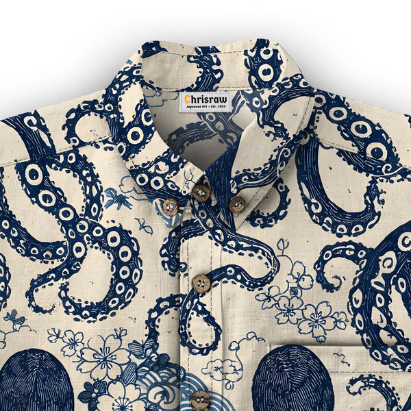 Chrisraw Men's Japanese Blue Ocean Octopus Ukiyo-e Short Sleeves Shirt