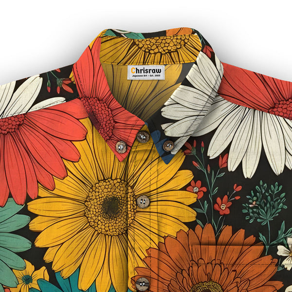 Chrisraw Men's Japanese Colorful Chrysanthemums Ukiyo-e Short Sleeves Shirt