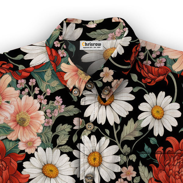 Chrisraw Men's Japanese Crimson Daisy Ukiyo-e Short Sleeves Shirt